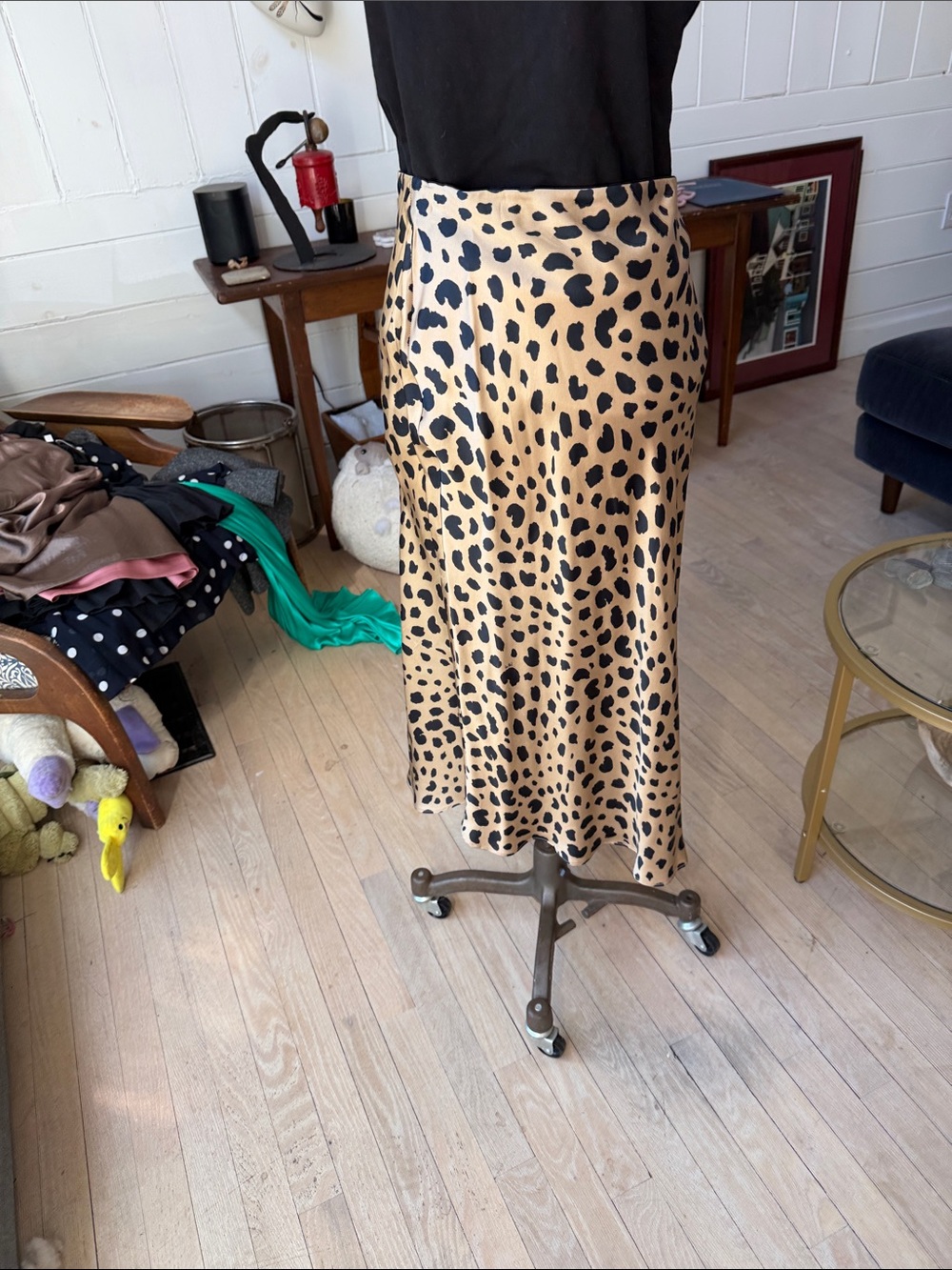 Leopard Print Silk Midi Skirt - Beige/Black